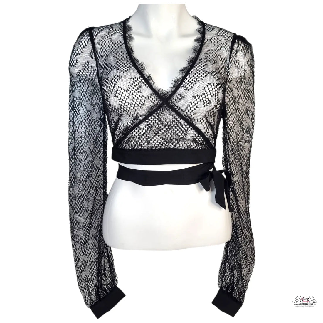 Agent Provocateur Elsey wrap top černé krajkové s dlouhým rukávem a V-krkem