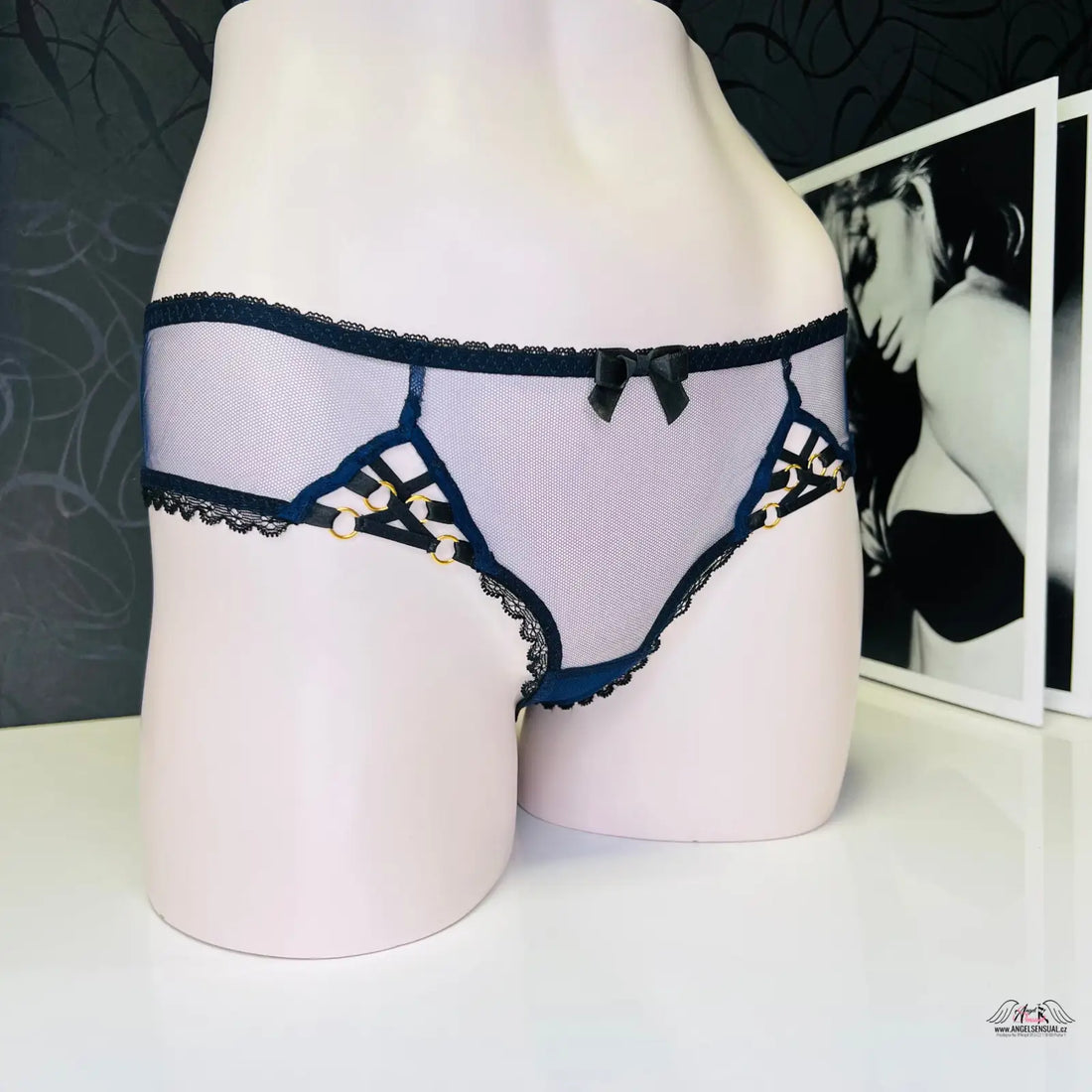 Modré a levandulové síťované kalhotky Indy s zlatými kroužky, luxusní kalhotky Indy