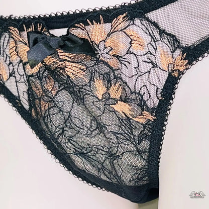 Black lace underwear with peach floral embroidery, luxusní laleh brief Agent Provocateur
