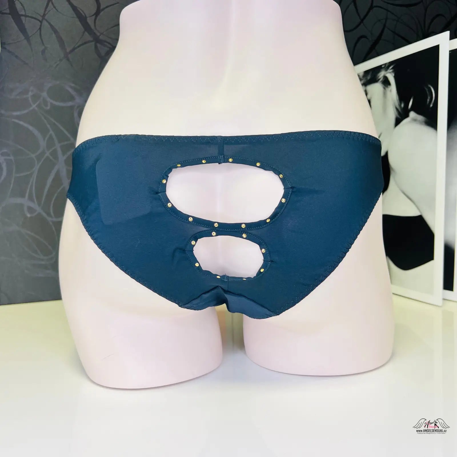 Navy modré kalhotky Liza s bílými oválnými průřezy na mannequin formě