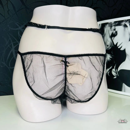 Black průsvitné síťované kalhotky Madge Big s stříbrnými korálky, elegantní kalhotky Madge