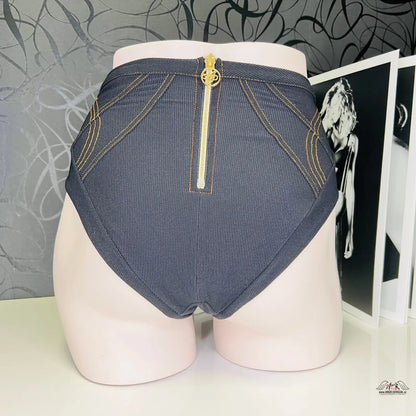 Alt text: High-waisted denim-look briefs with zipper from Agent Provocateur Kalhotky Safiya in pevnější materiál