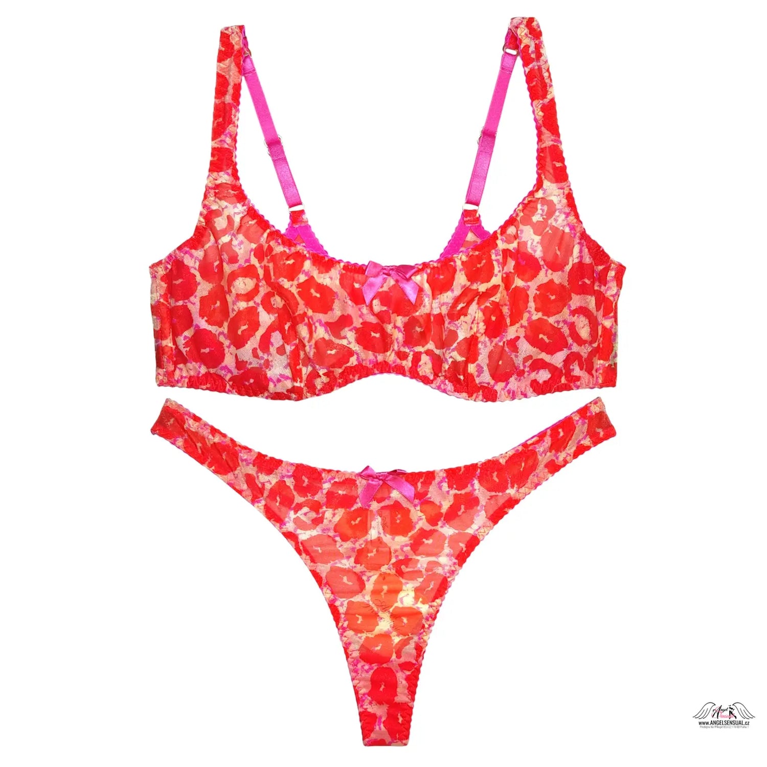 Vibrant červené a růžové krajkové spodní prádlo Agent Provocateur Kit s rty, saténovými popruhy a mašněmi