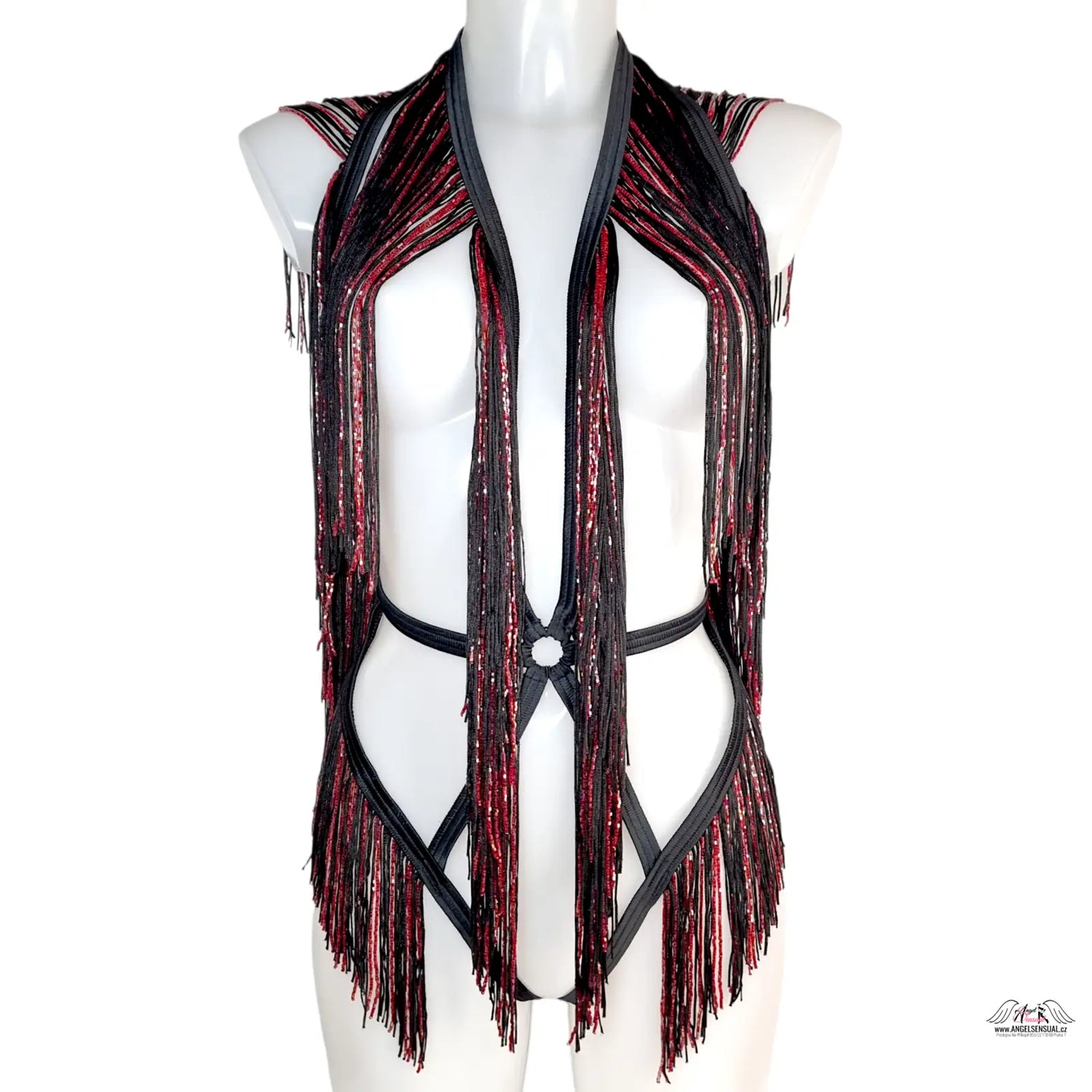 Black and red fringe vest with leather accents from Agent Provocateur Korálkový Playsuit Inga
