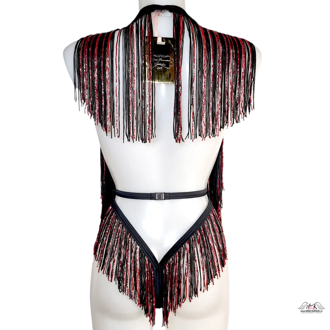 Černý sequinový top s třásněmi a stříbrnými detaily v halter designu, agent provocateur