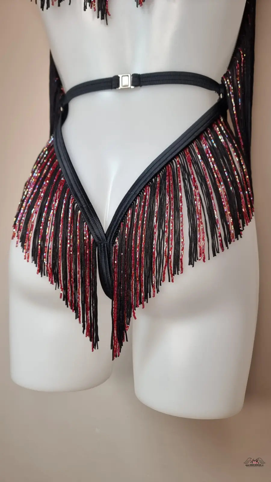 Fringed black and red dance costume, agent provocateur korálkový playsuit Inga