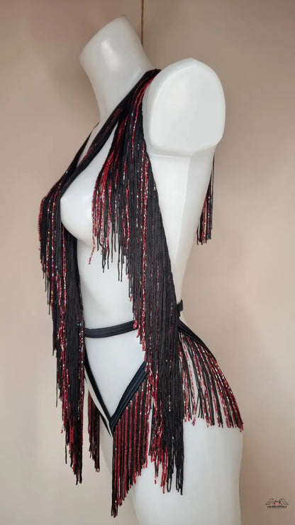 Black and red fringed korálkový playsuit Inga by Agent Provocateur