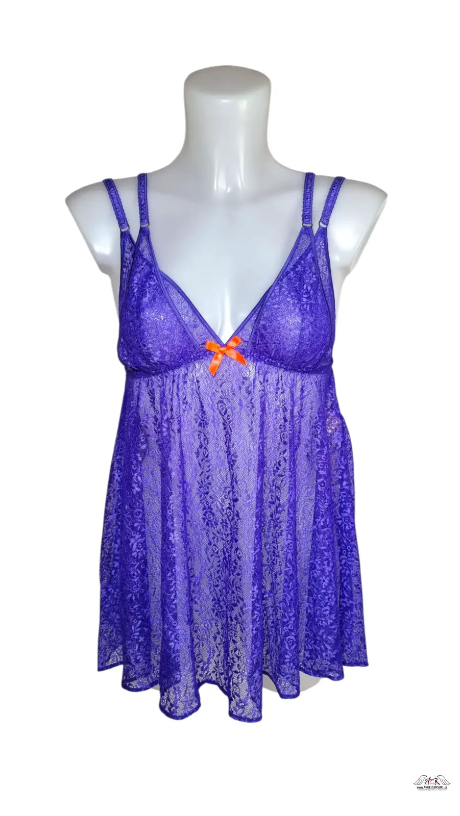 Zářivá Rei Babydoll od Agent Provocateur s fialovou krajkou a oranžovou mašlí