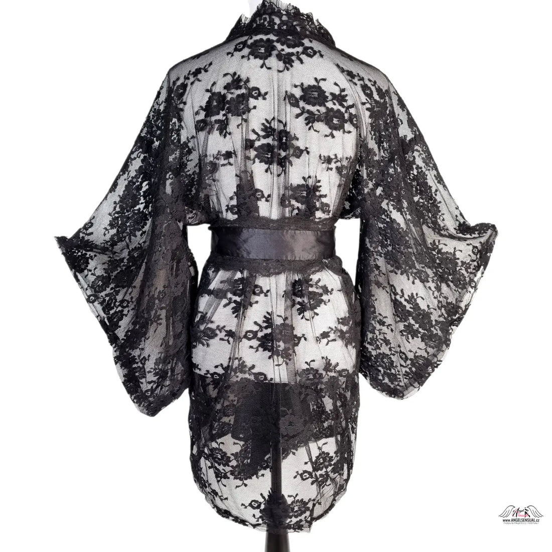 Černé průhledné krajkové kimono Matinee s širokým páskem od Agent Provocateur