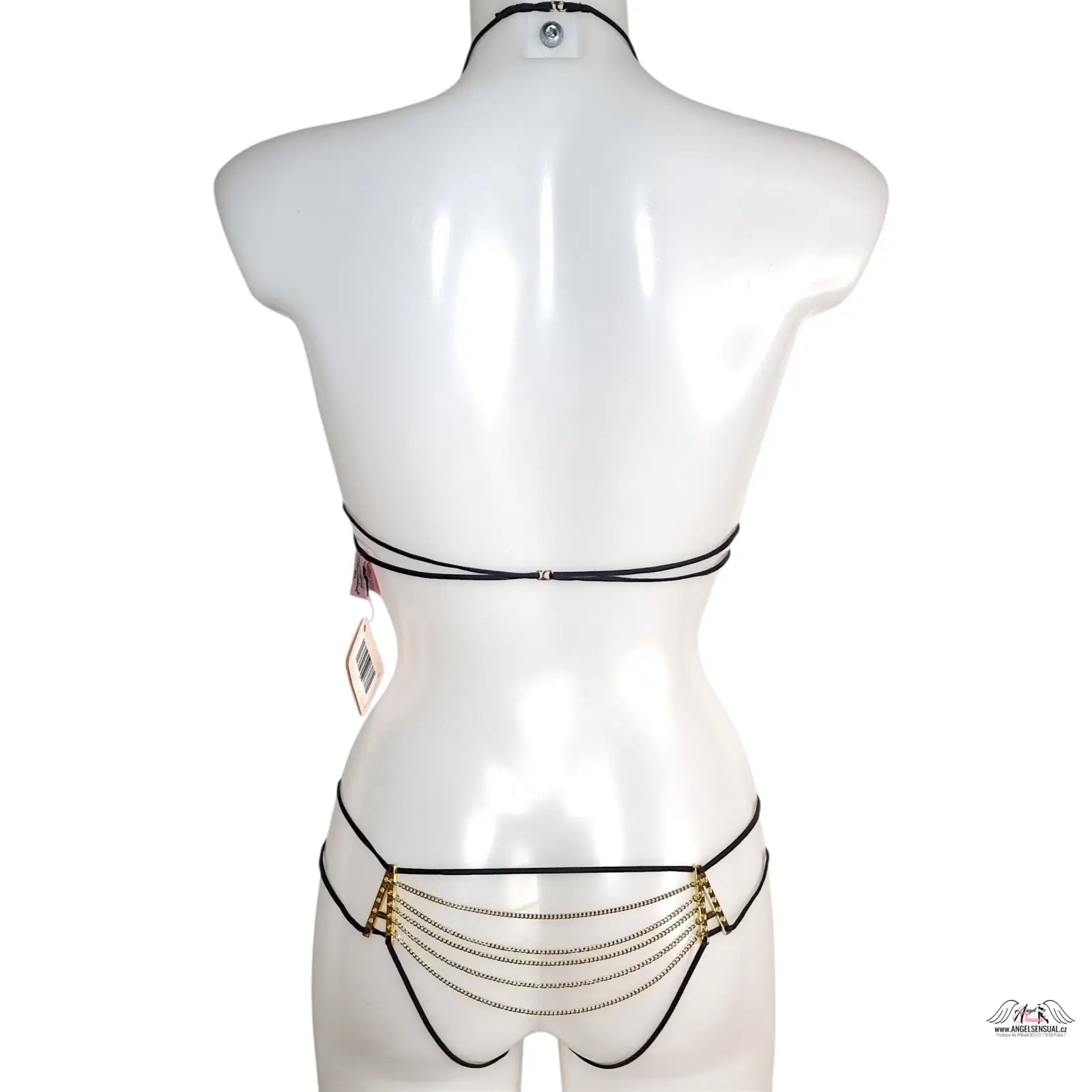 Černý kožený pás s zlatými řetízky a nastavitelnémi popruhy pro Agent Provocateur Playsuit Avery Black