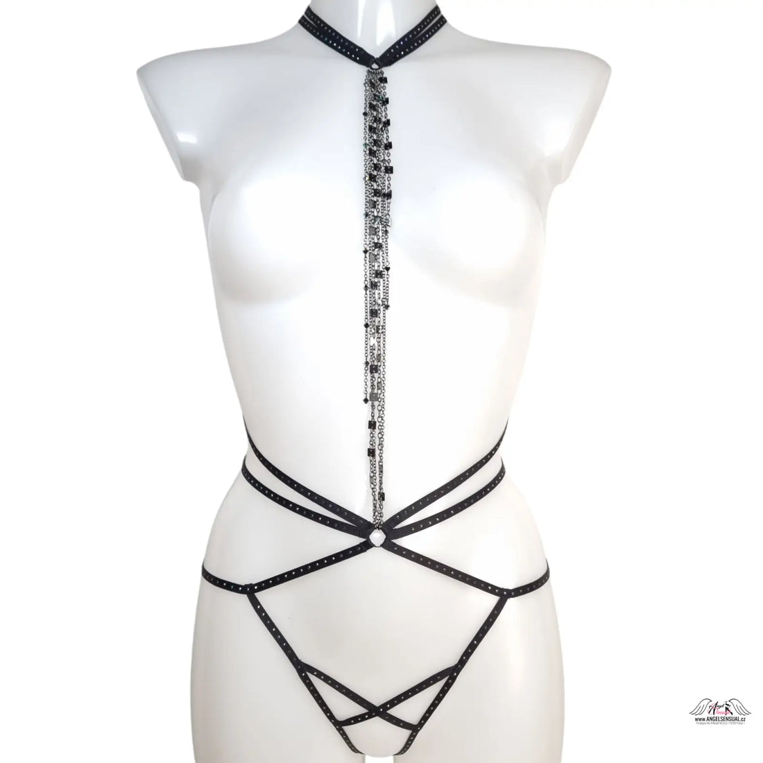Černá kožená postroj s stříbrnými prvky a korálky, součást Agent Provocateur Playsuit Rubi