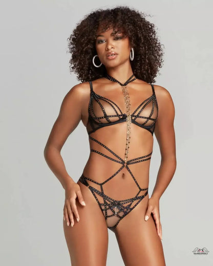 Agent Provocateur Playsuit Rubi s černým průhledným síťovaným a řetízkovým detailem
