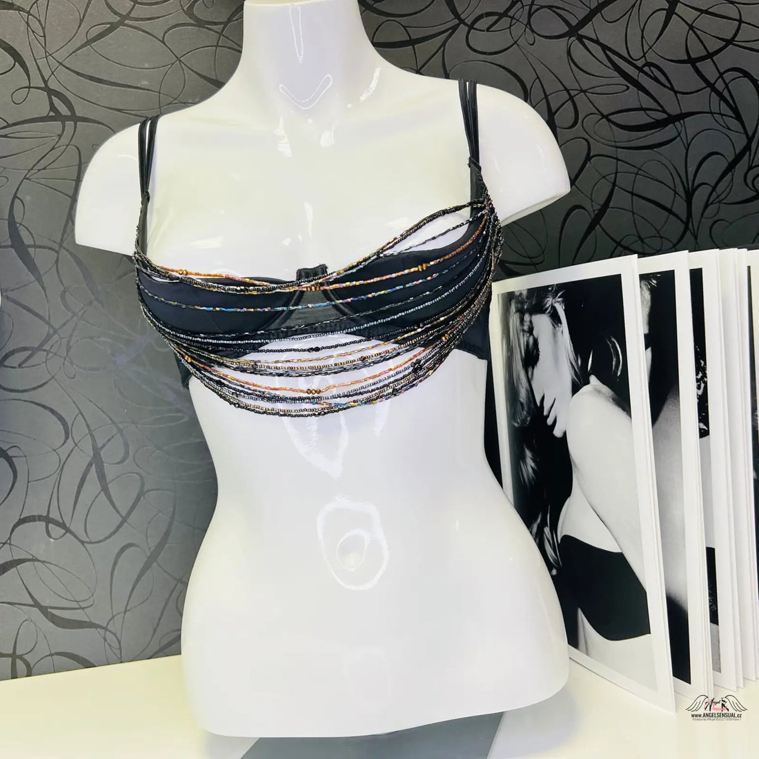 Podprsenka Lidija s černým beaded fringe a nastavitelnými ramínky, apparel &amp; accessories