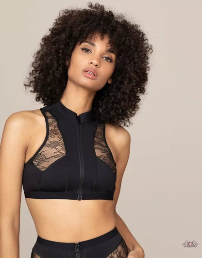 Black high-neck lace insert zip-up bralette from Agent Provocateur Podprsenka Perry, stylová sportovní podprsenka