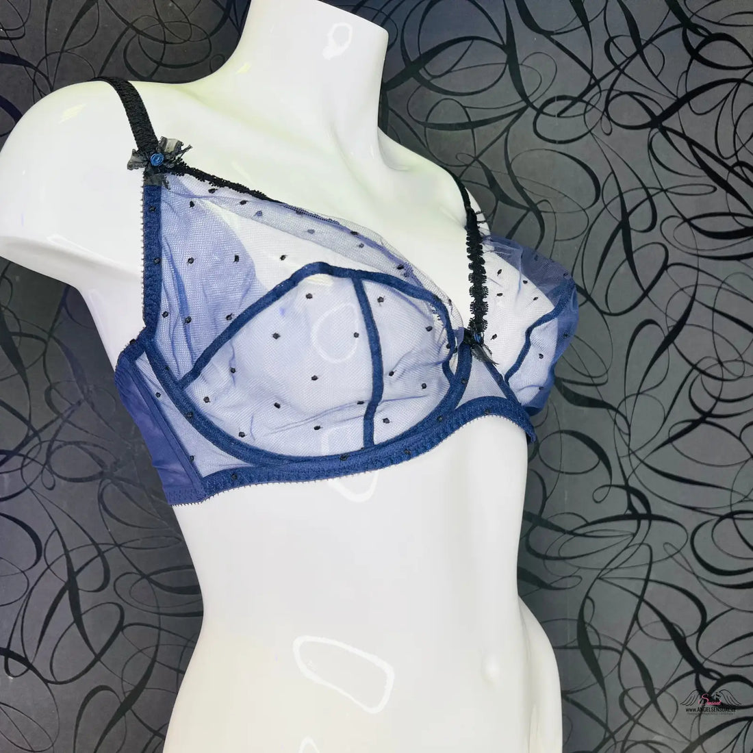 Agent Provocateur síťovaná podprsenka Poppie s modrobílou puntíkovou síťovinou