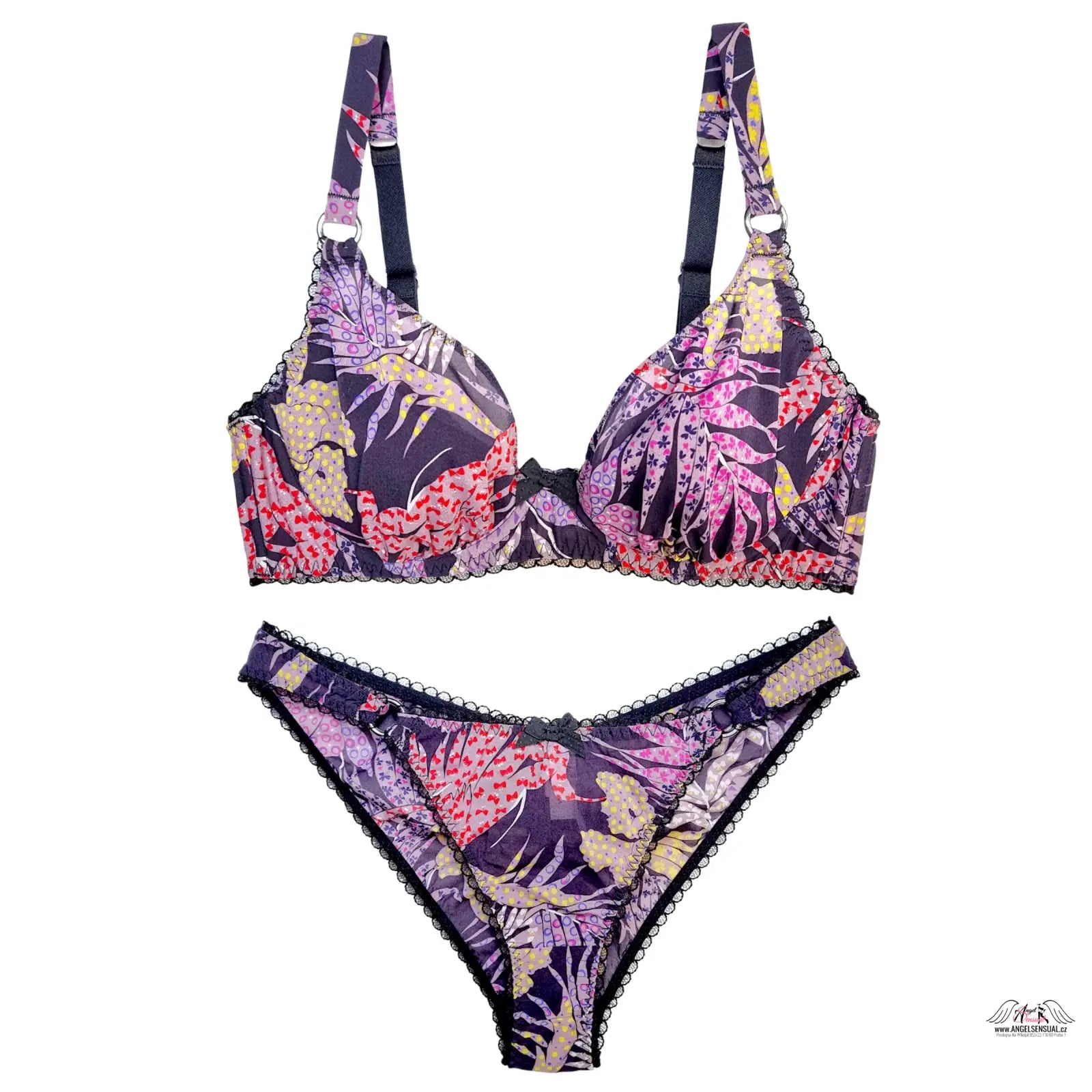 Agent Provocateur Riva fialovo-růžová saténová podprsenka s tropickými listy a čipkou