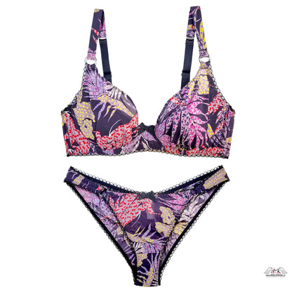 Agent Provocateur Riva fialovo-růžová saténová podprsenka s tropickými listy a čipkou