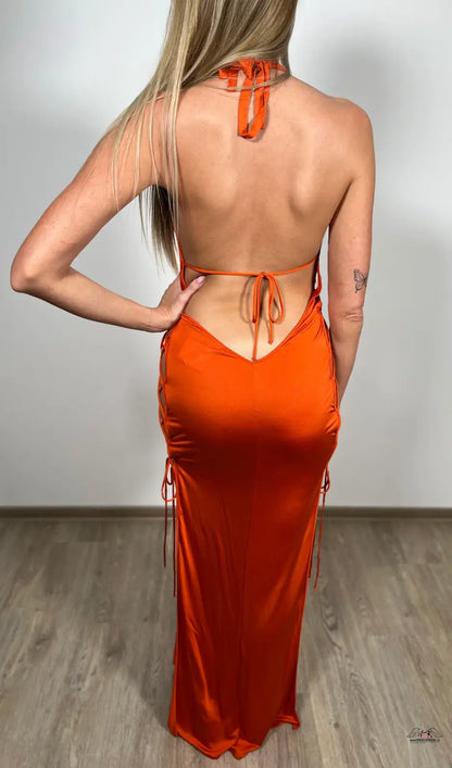 Orange halter-neck dlouhé šaty Agent Provocateur Šaty Traci s vysokými rozparky