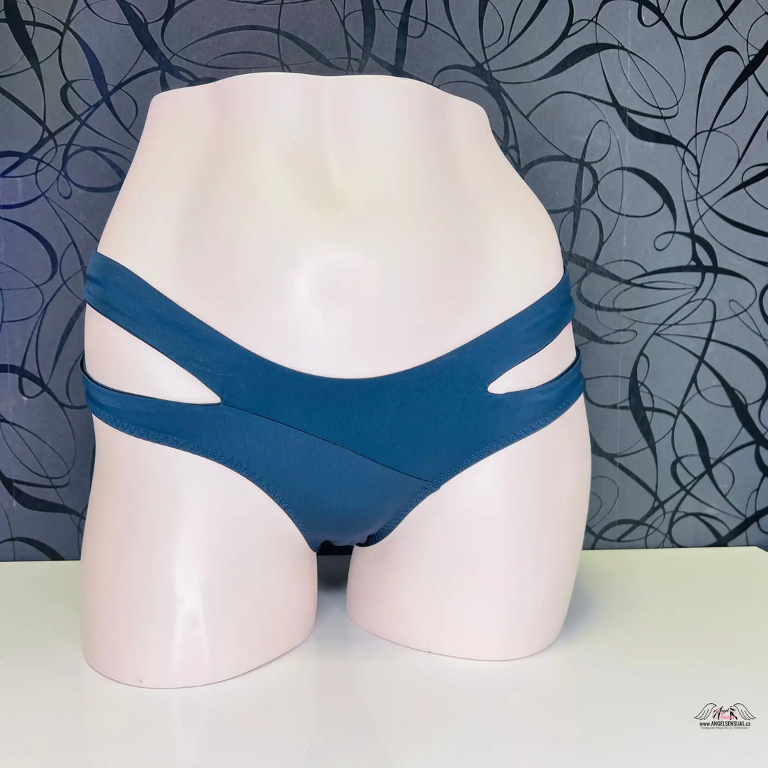 Teal bikini bottoms with side cutouts, stylový tmavě modrý spodní díl plavek s ozdobnými proužky