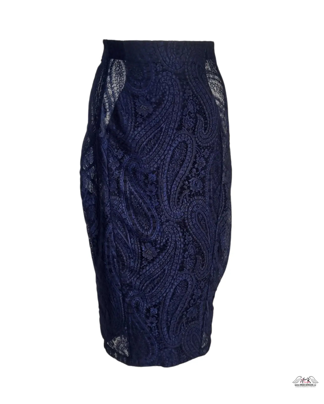 Krajková sukně zvýrazňuje křivky, navy modrá krajková sukně s paisley vzorem