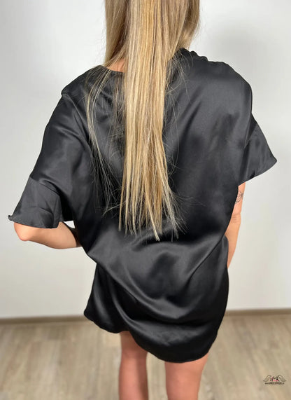 Black Satin Kimono Very Wrap Ruffle Robe - Univerzální / Černá / Nové se štítky - Župánek