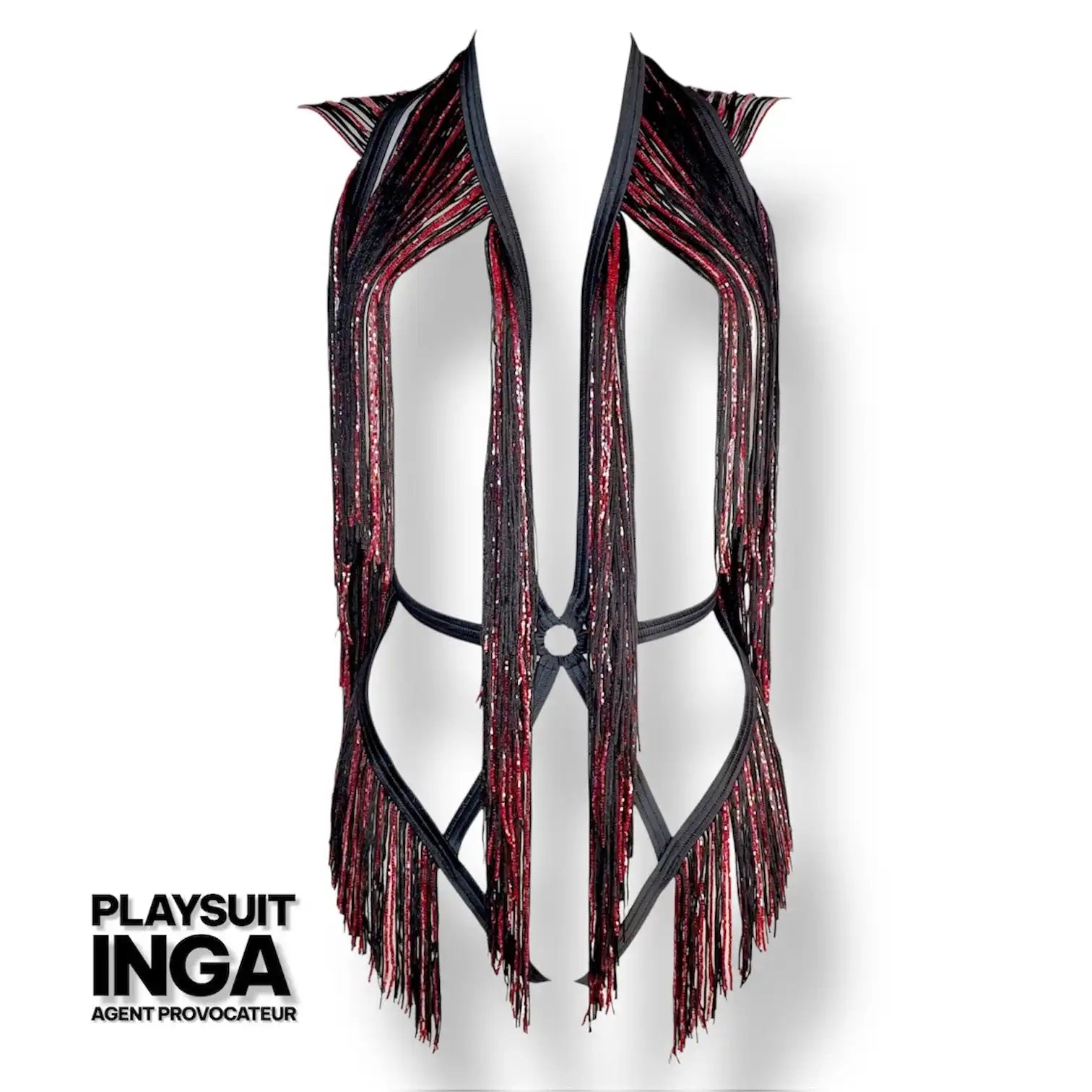 Černý a červený lemovaný overal s kovovým leskem.