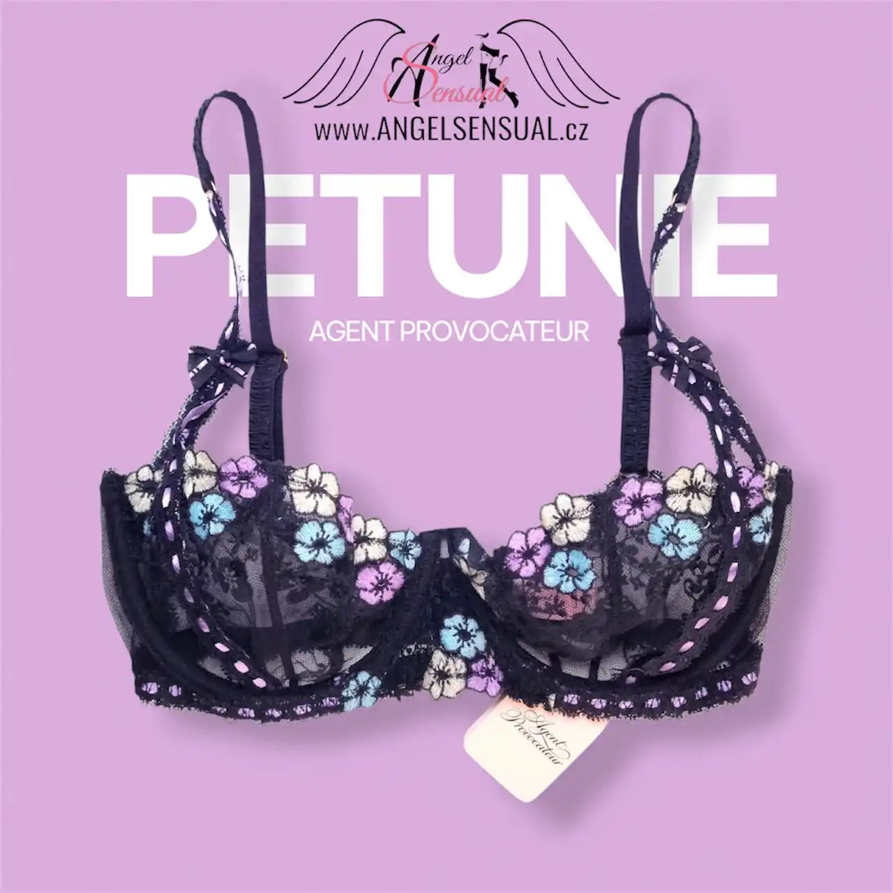 Černý krajkový podprsenka s barevnou květinovou výšivkou a nastavitelnými ramínky.