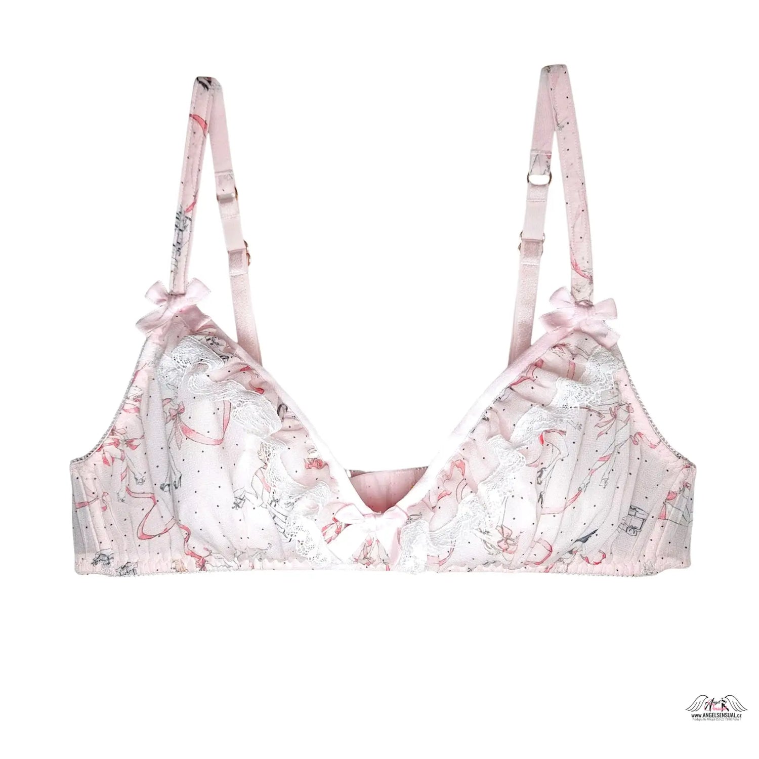 Jemný růžový a bílý podprsenka Cinta s krajkou a mašlemi, automatická sleva