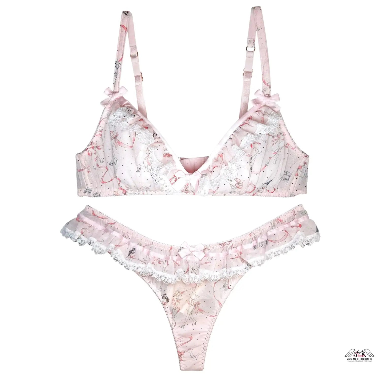 Růžová a bílá sada spodního prádla Cinta s tiskem baletky, krajkou a satinovými popruhy. Automatická sleva na celou objednáv