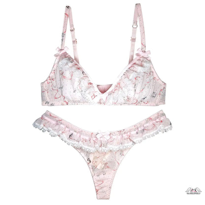 Růžová a bílá sada spodního prádla Cinta s tiskem baletky, krajkou a satinovými popruhy. Automatická sleva na celou objednáv