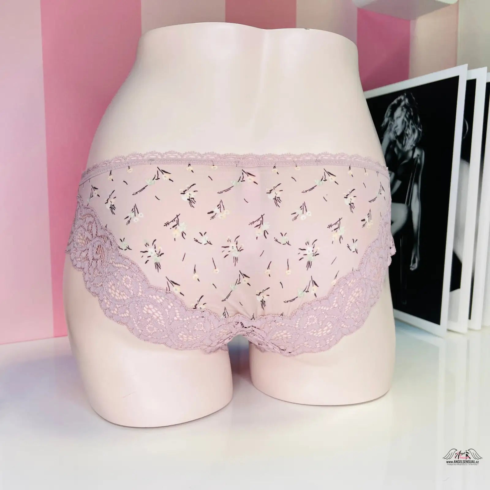 Růžové krajkové kalhotky na manekýně v Elegance a Luxus kolekci