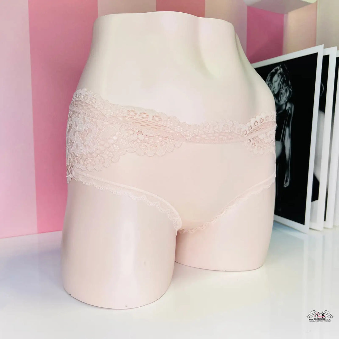Pale pink mannequin torso featuring lace-trimmed underwear from Agent Provocateur