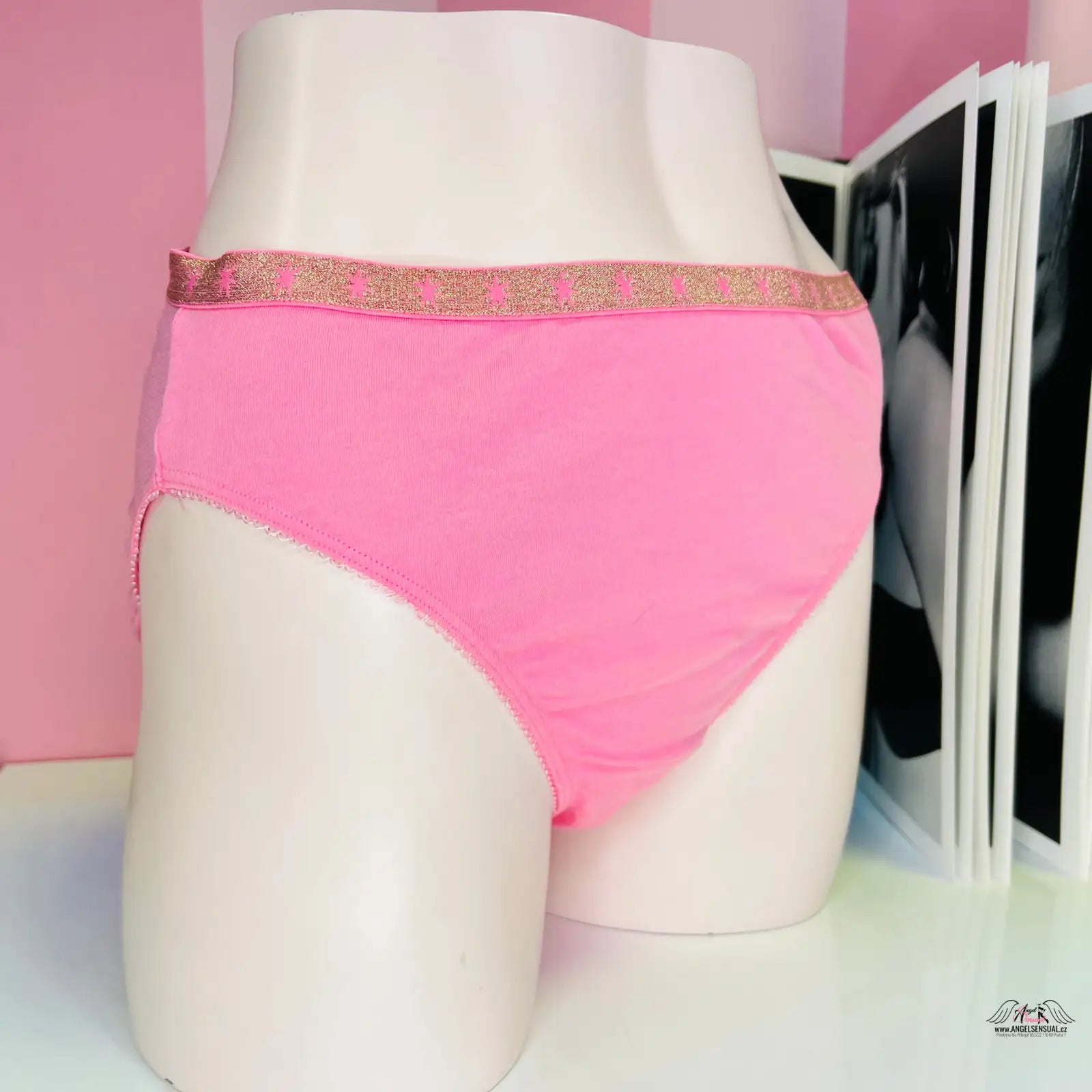Růžové kalhotky s lesklým elastickým pasem na figuríně, Elegantní Kalhotky
