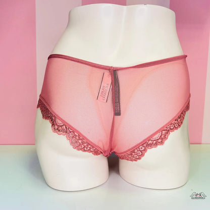 Růžové průhledné krajkové brazilky na dekorativním manekýnu pro elegantní pohodlí