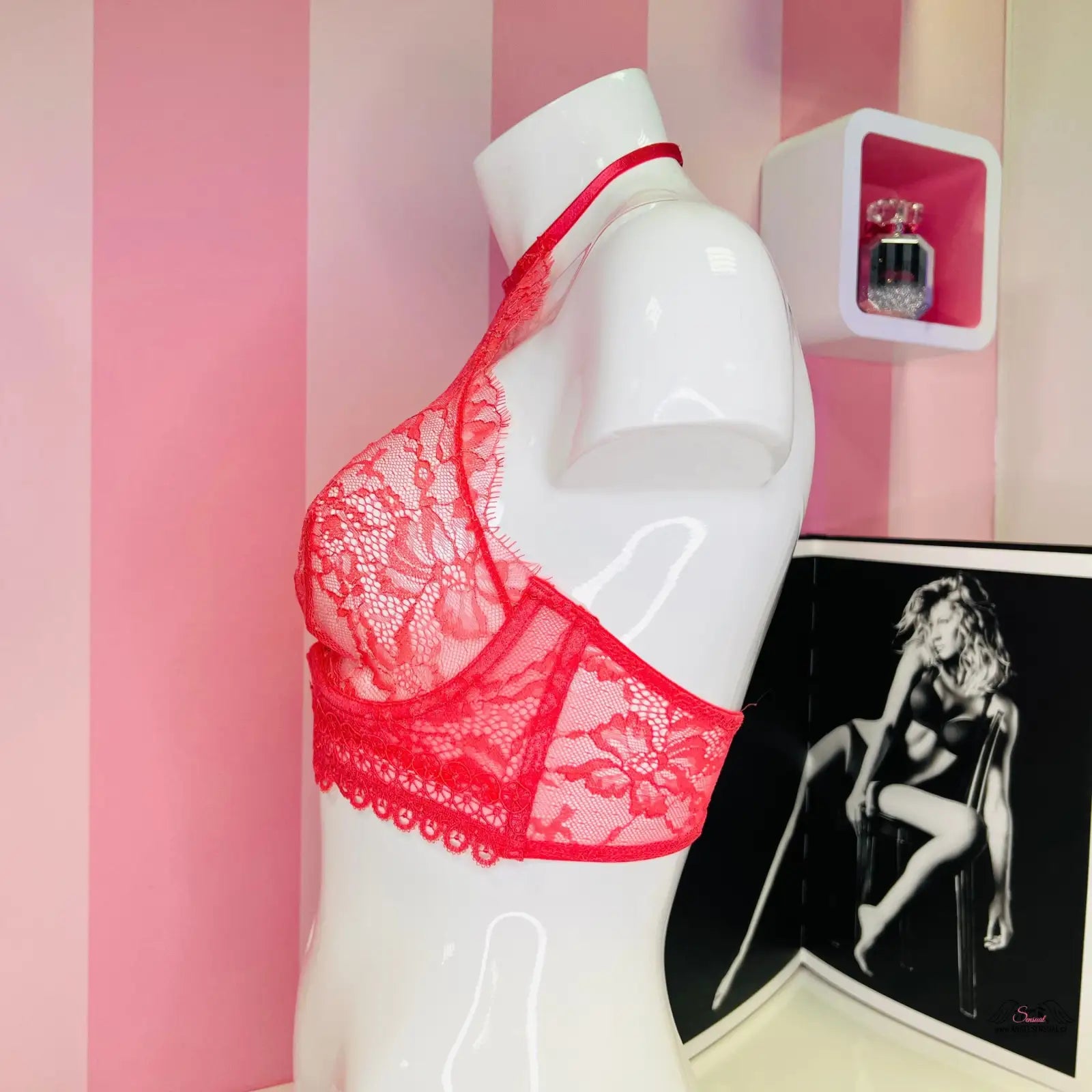 Manekýn v červené podprsence před černobílou fotografií Elegantní Krajkový Bralet