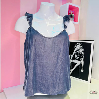 Šedý bezrukávový top s volány, Elegantní Semišový Top s Nastavitelnými Ramínky