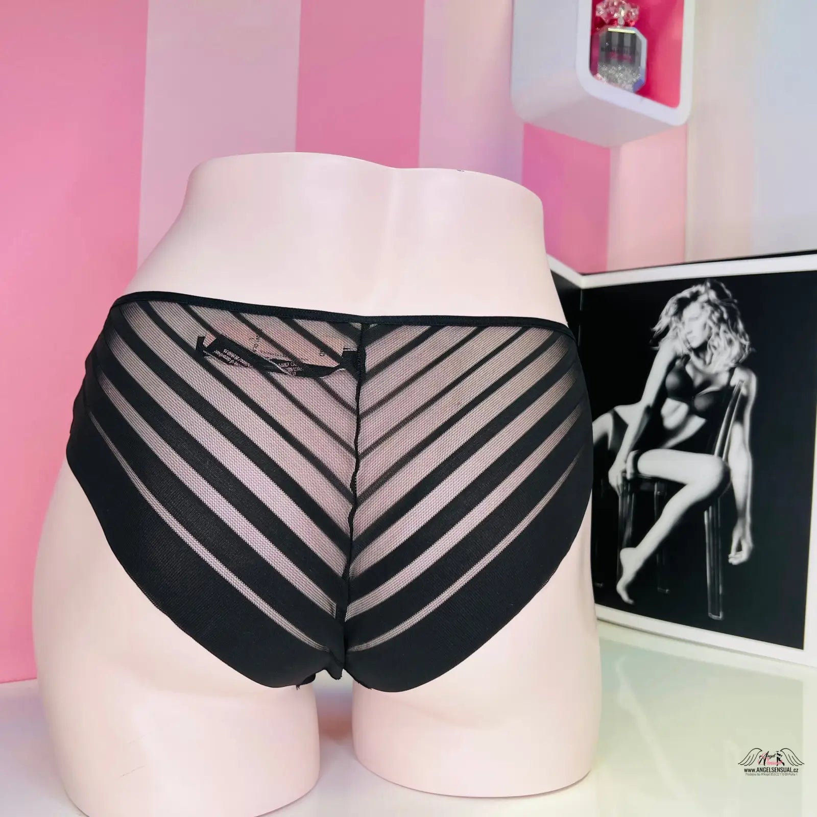 Černé pruhované síťované kalhotky Elegantní Spodní Prádlo Cheeky s lehkou síťovinou