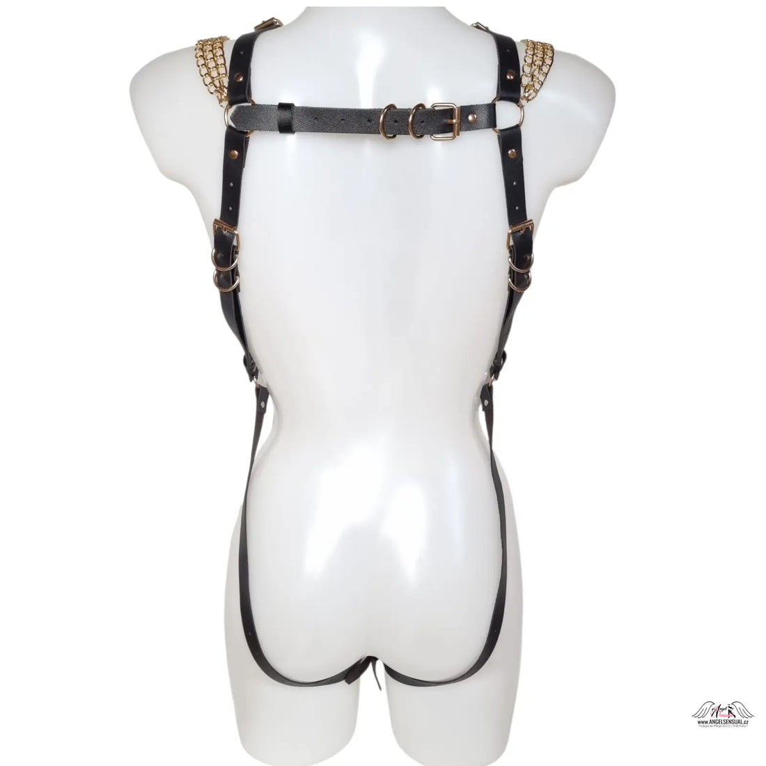 Kožený postroj Black Goldie s černou kůží, zlatými řetízky a přezkou, inspirovaný stylem Versace