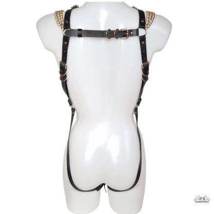 Kožený postroj Black Goldie s černou kůží, zlatými řetízky a přezkou, inspirovaný stylem Versace