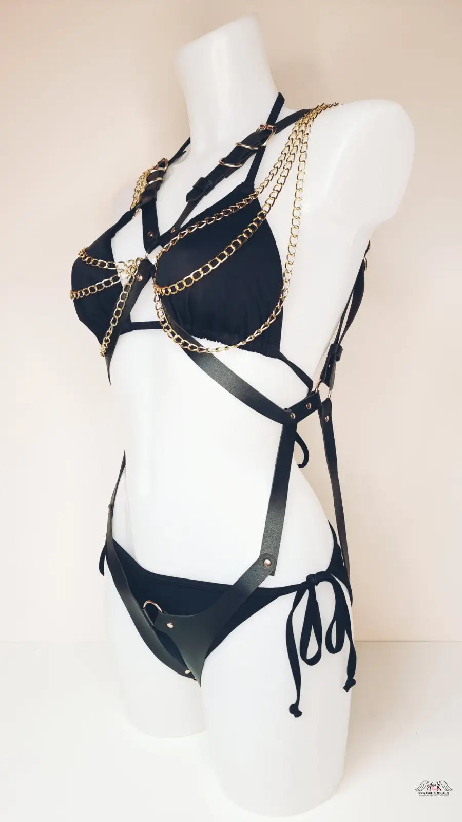 Černá dámská lingerie sada s zlatými řetězy a koženými pásky, Leather Herness Black Goldie
