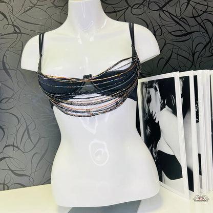 Černá podprsenka Lidija s korálky a třásněmi, elegantní a pohodlný design