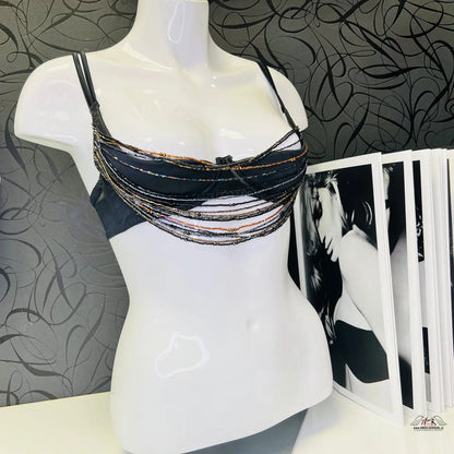 Černá podprsenka Lidija s korálky a béžovým třepením elegantního designu