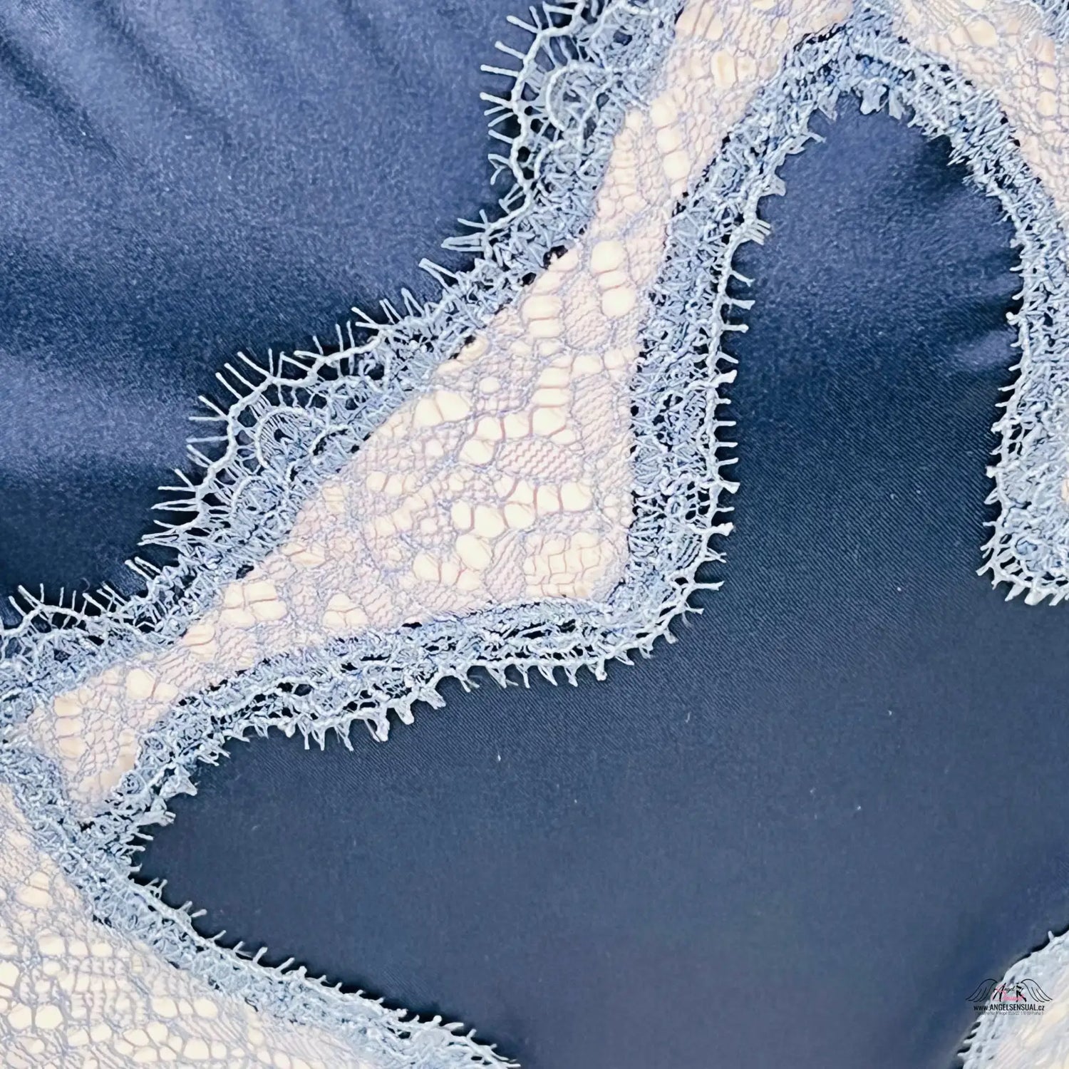 Detailní záběr modrobílé krajky z Luxusních Brazilských Kalhotek s Modrobílou Krajkou