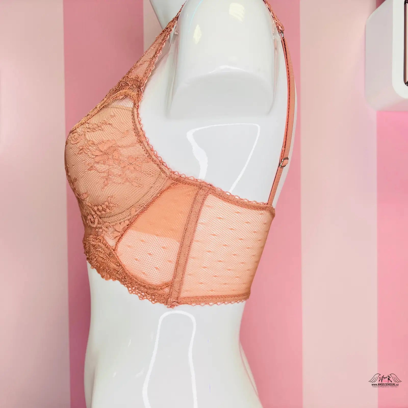 Hedvábná broskvová krajková braletka na manekýně Luxusní Demi Podprsenka Dream Angels