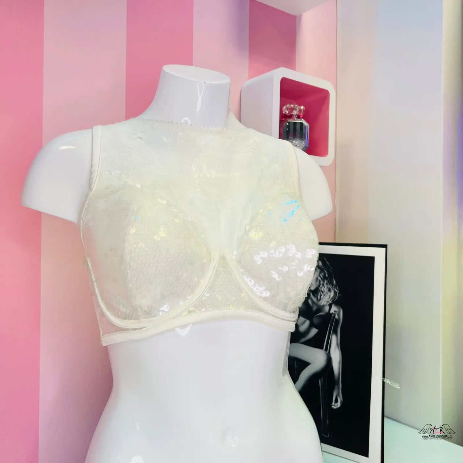 Bílý manekýn s průhlednou krajkovou podprsenkou Luxusní Podprsenka s Vyšíváním