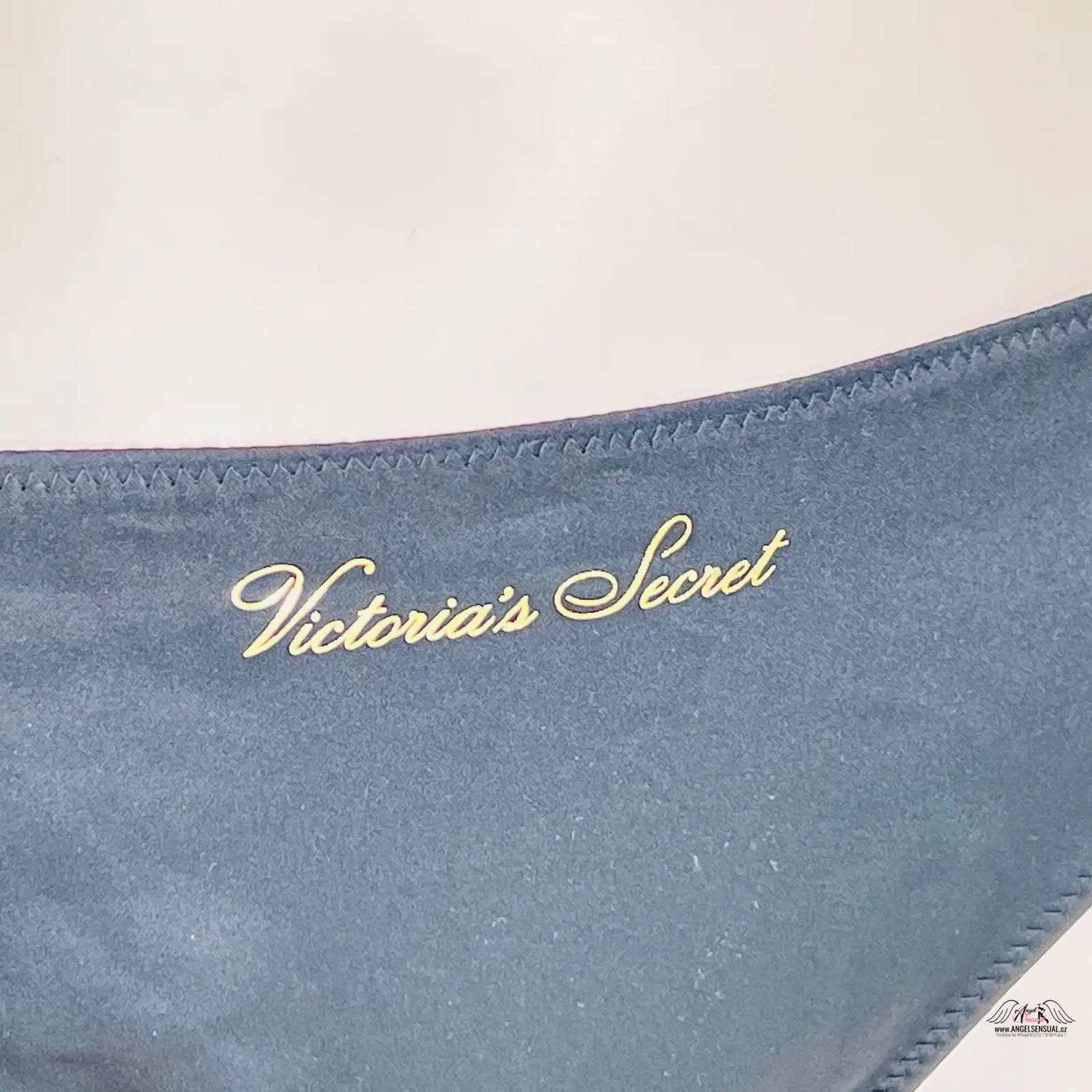 Modrá sametová kabelka s nápisem Victoria Lee k luxusním bikiny