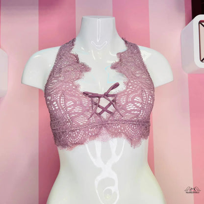 Drahouškově růžová krajková halter braletka s křížovými stuhovými detaily
