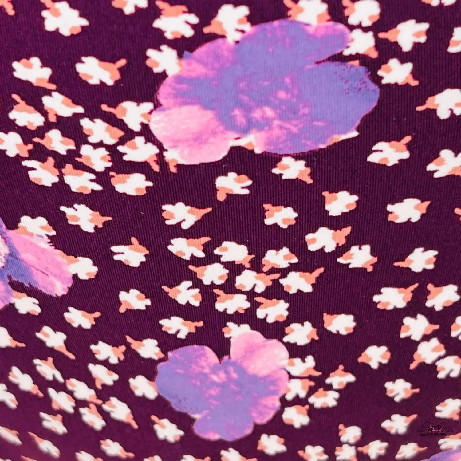 Floral pattern with white blossoms and purple clouds on dark purple background