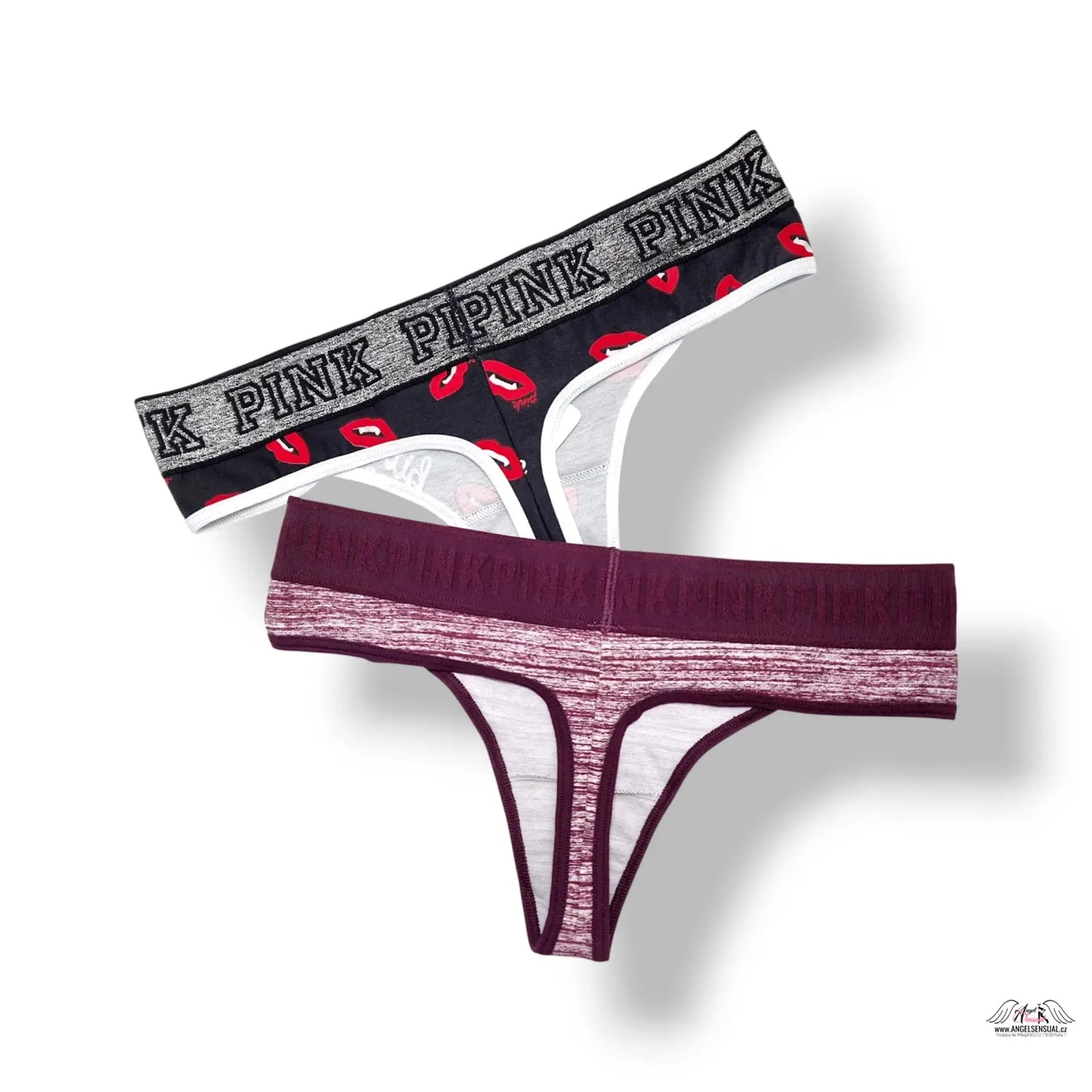 Růžové bavlněné tanga Victoria’s Secret PINK 2-pack, černé a vínové s designem červených rtů, lingerie