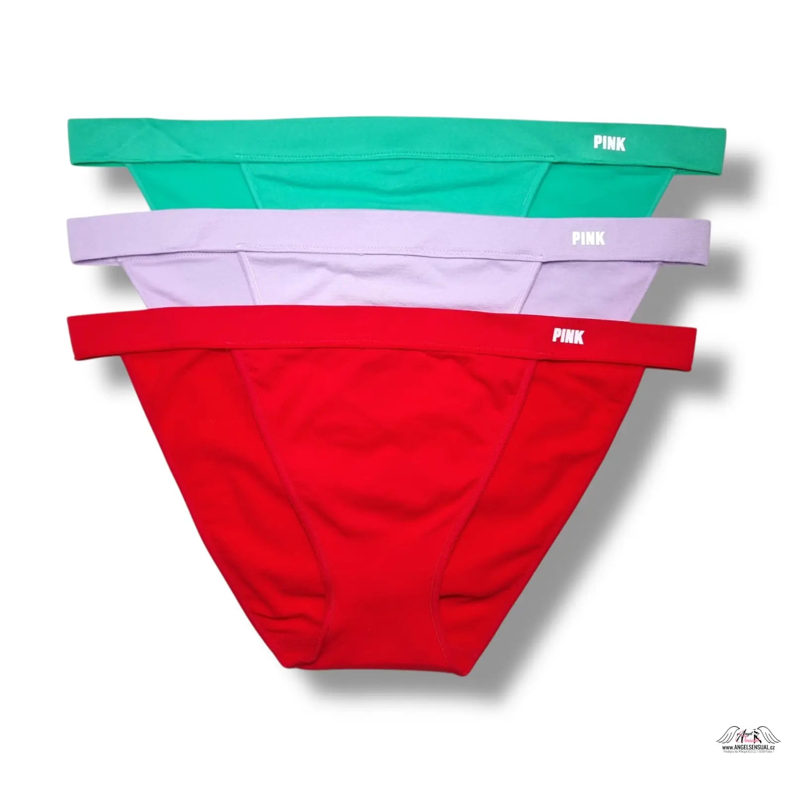 PINK 3-pack logo high-leg bikini kalhotky v červené, tyrkysové a levandulové barvě